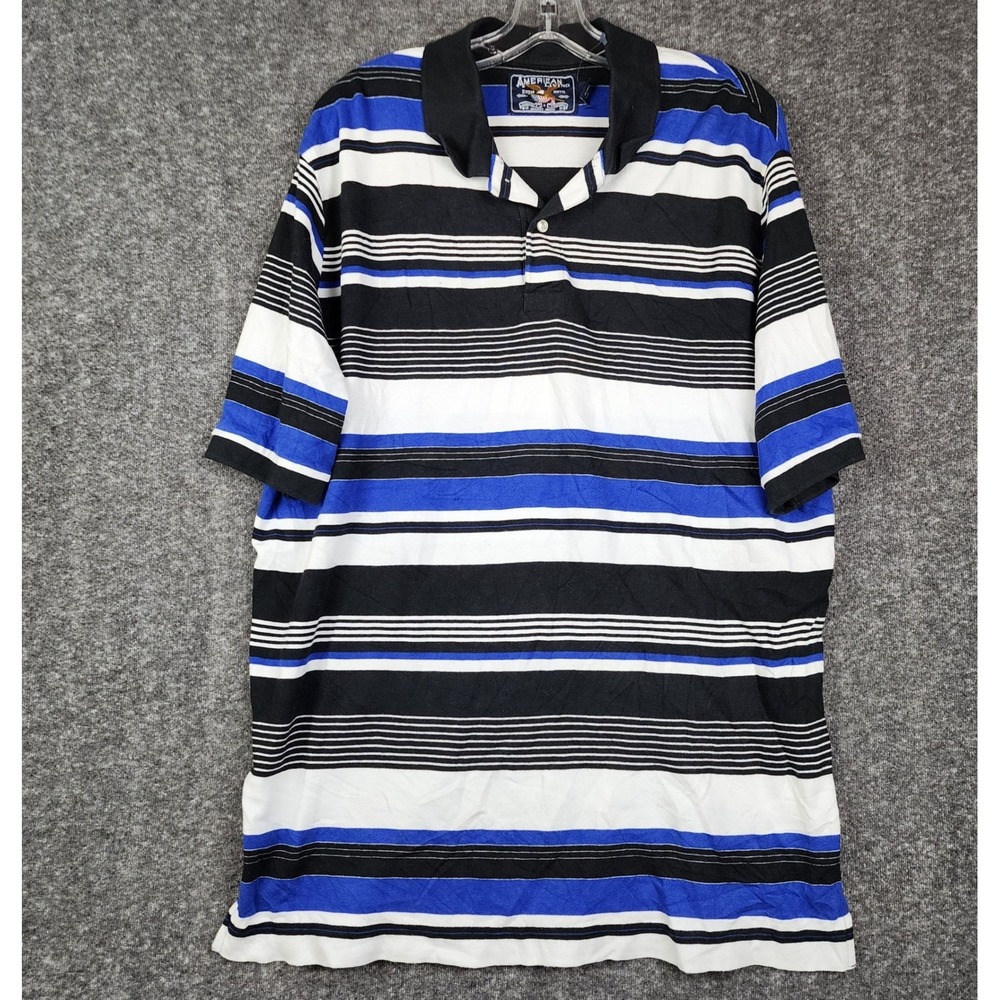 American Living Polo Shirt Mens XXL Blue Black White Striped Cotton Short Sleeve